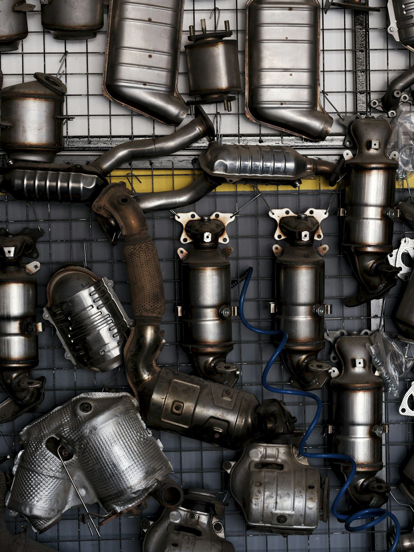 Close-up of catalytic converters graded for precious metal recovery