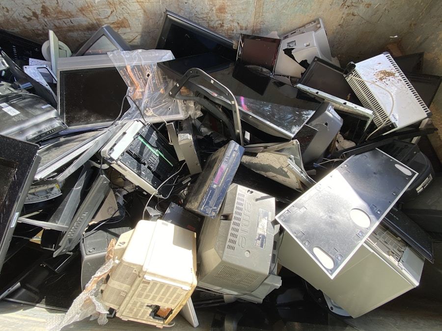 Retired computer towers stacked for recycling