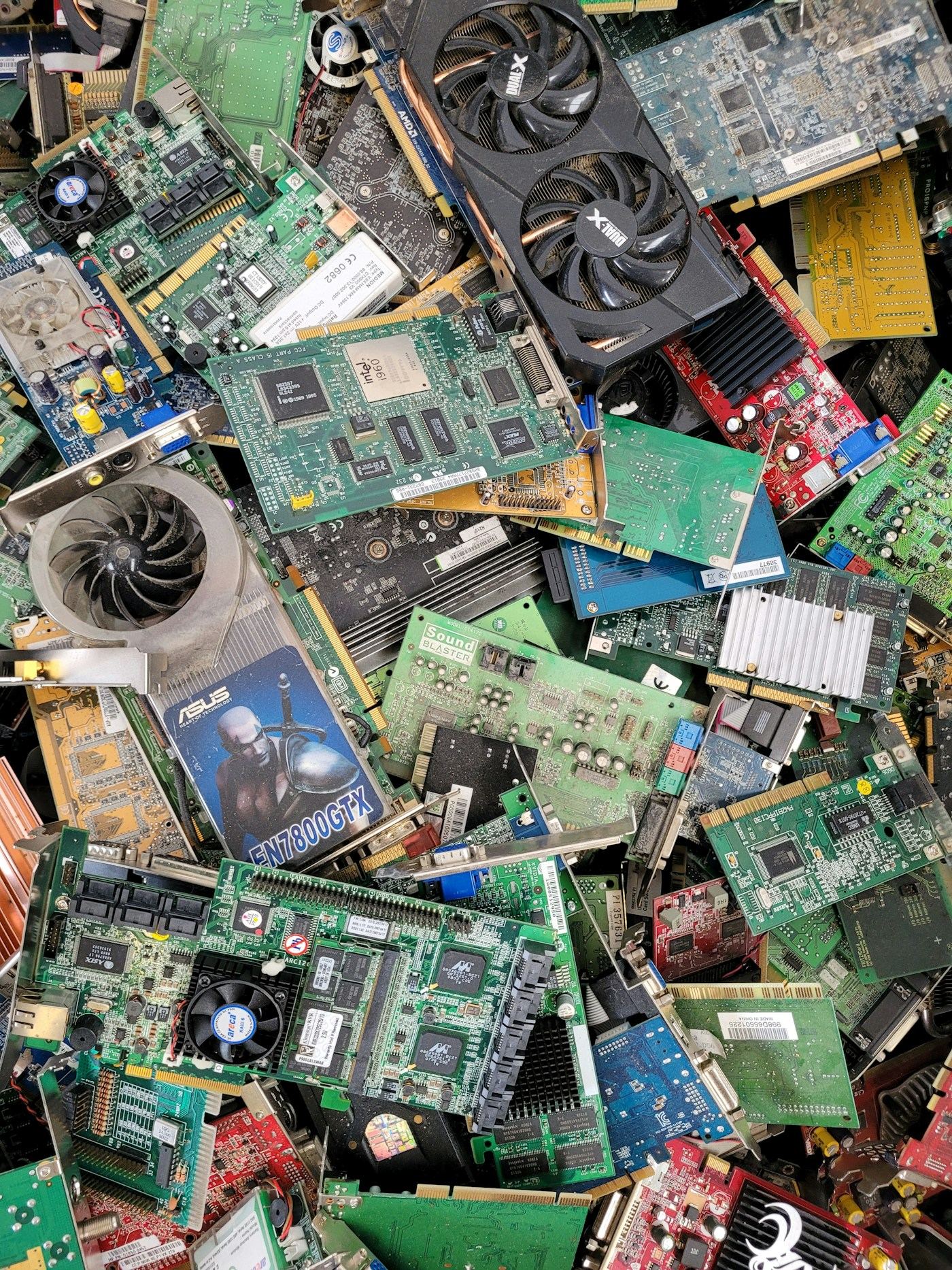Circuit boards awaiting recycling